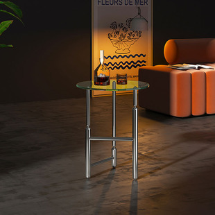 复古不锈钢茶几轻奢圆形玻璃角几昆斯气球狗设计师小户型沙发边几