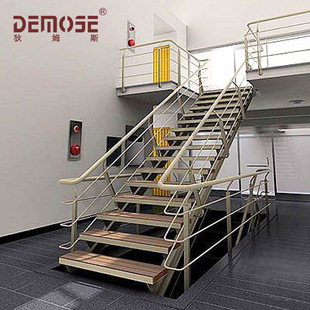 出口楼梯设计 家用钢结构楼梯 别墅不锈钢拉丝护栏配实木踏板楼梯