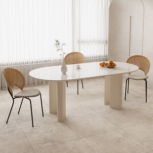 亮光岩板餐桌小户型家用白色实木脚椭圆形一桌四椅餐桌椅凳子组合