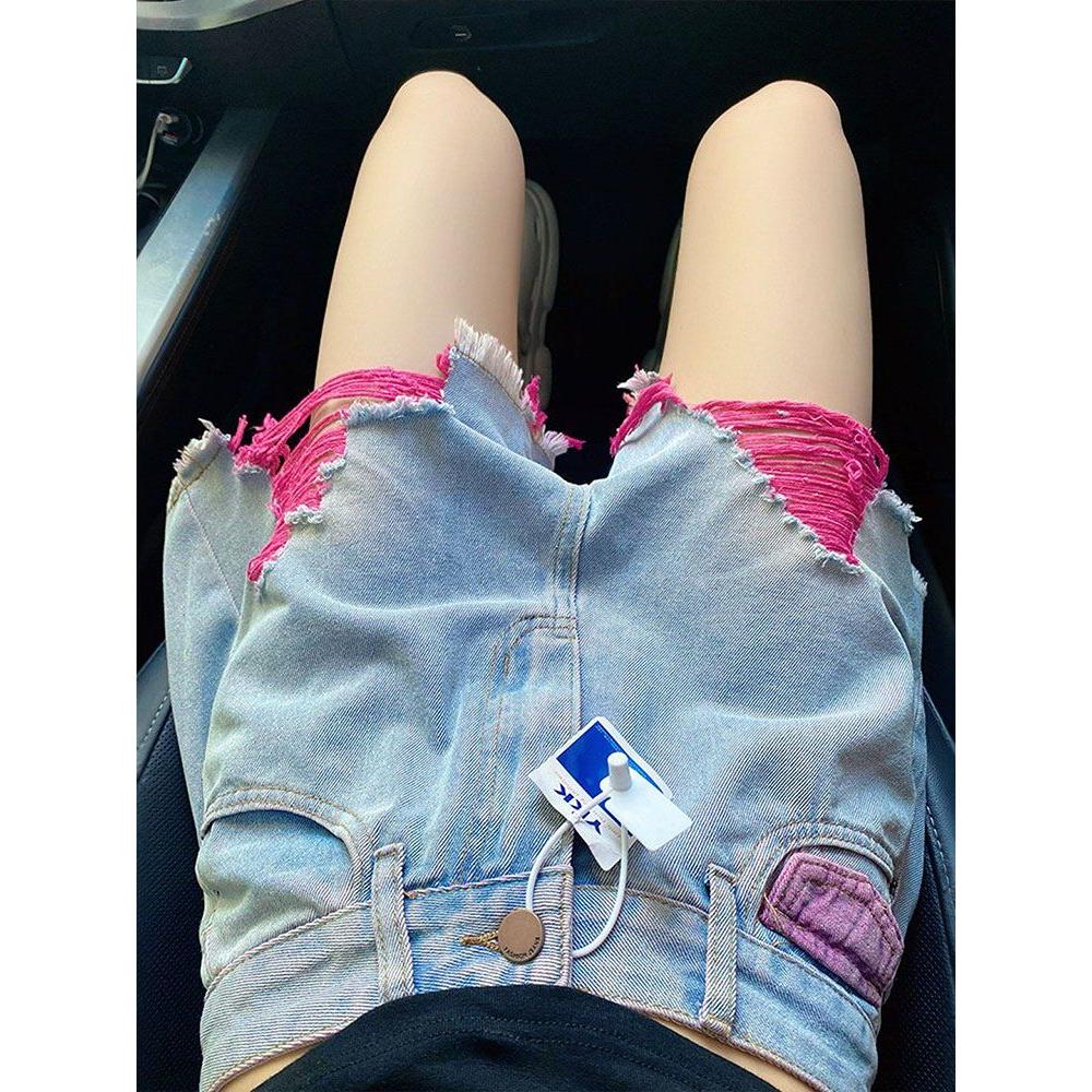 高街撞色破洞牛仔短裤女夏季小众设计感大码宽松显瘦a字阔腿热裤