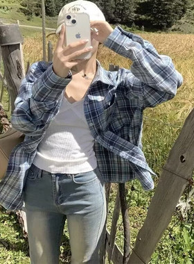 蓝色格子POLO领长袖衬衫女宽松显瘦休闲开衫上衣韩版通勤风浅蓝色