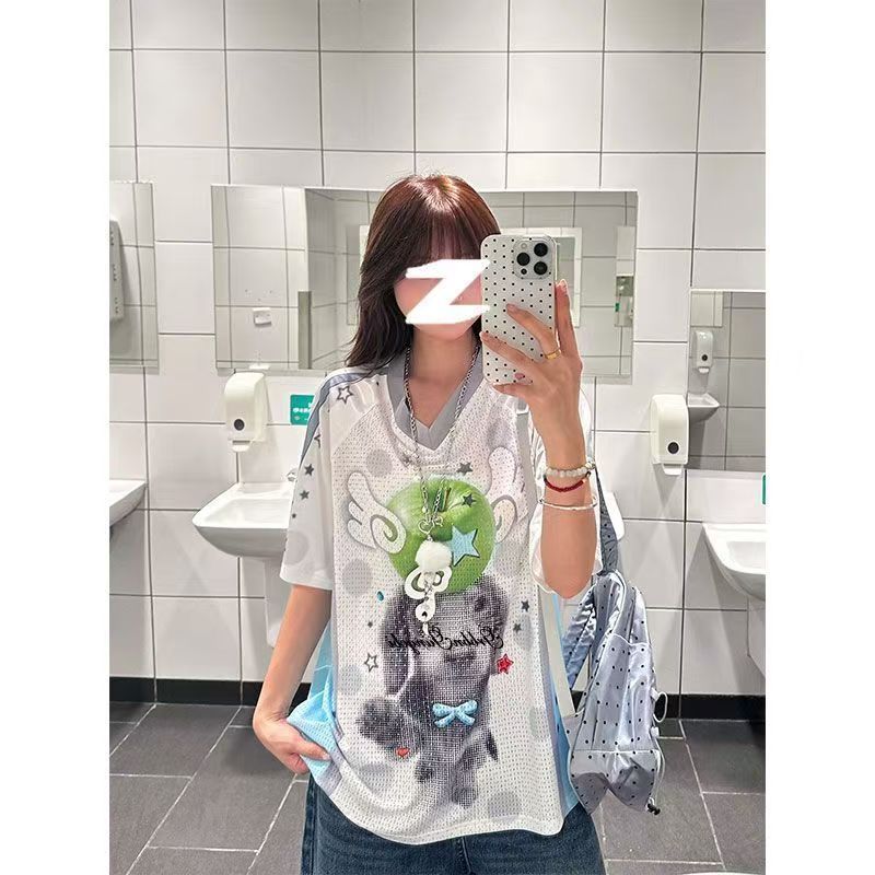 春夏季韩系少女小狗水果V领球衣短袖T恤女薄款轻亚风透气宽松上衣