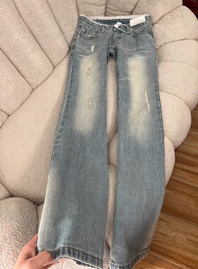 美式春季薄款水洗浅蓝色蕾丝拼接低腰破洞牛仔裤女宽松显瘦喇叭裤