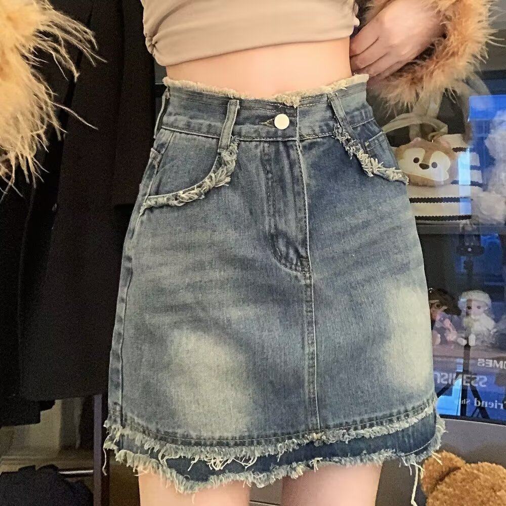 复古牛仔半身短裙女2025年夏季新款韩版高腰防走光毛边辣妹A字裙