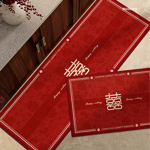 厨房地垫红色喜庆结婚地毯免洗可擦防滑耐脏防油吸水矽藻泥脚垫子