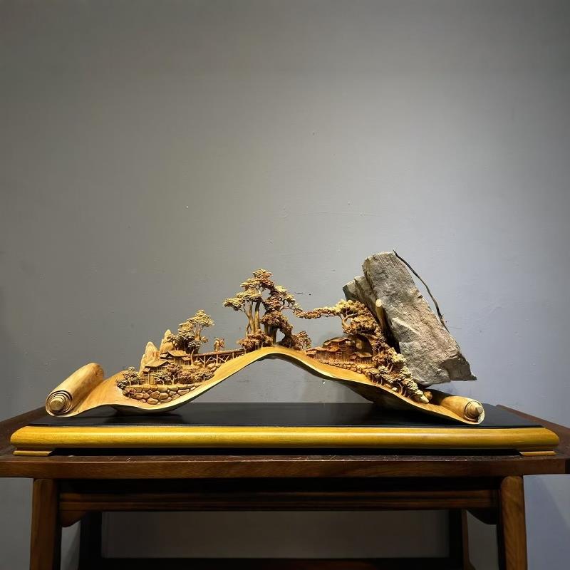 山水摆件客厅崖柏根雕工艺品公司企业开业送礼艺术品金丝楠木雕