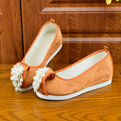 子女增高橘色古装 绣花鞋 古风圆头珠花布鞋 锦袍仙汉服鞋 复古结婚鞋