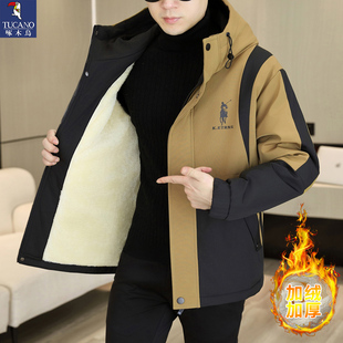 加绒保暖外套冲锋衣棉服夹克 连帽棉衣青年工装 啄木鸟男士 加厚新款