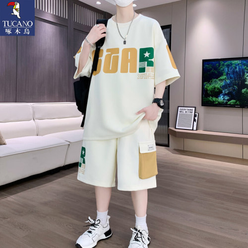 啄木鸟休闲运动套装男2026新款夏季宽松短袖t恤短裤青少年两件套