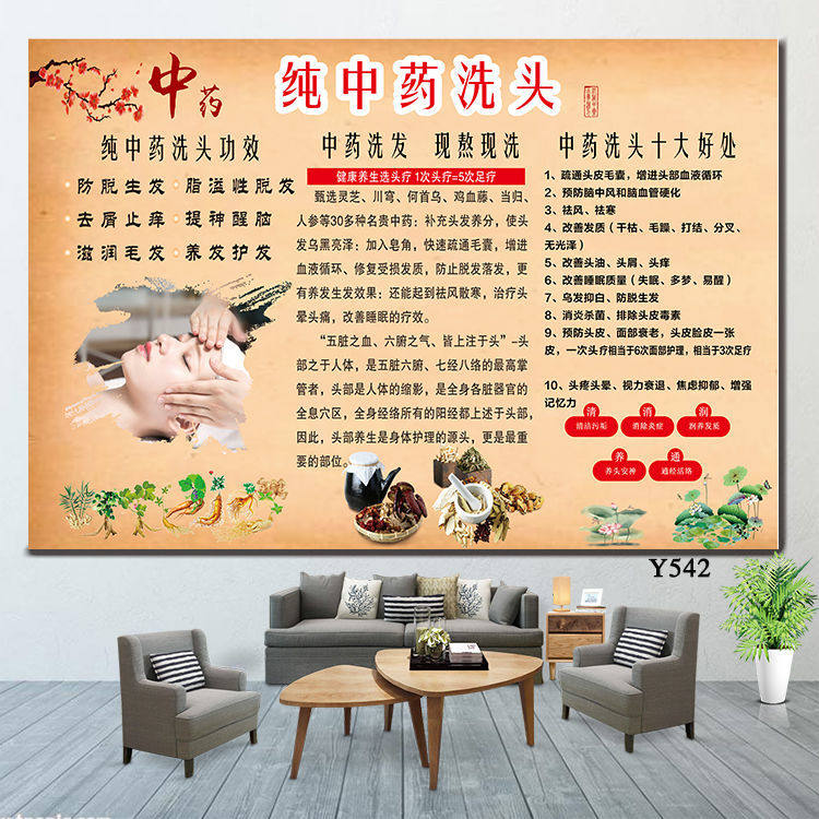 纯中药洗头功效海报中药养发装饰画护发墙贴纸植物养发背景图定制