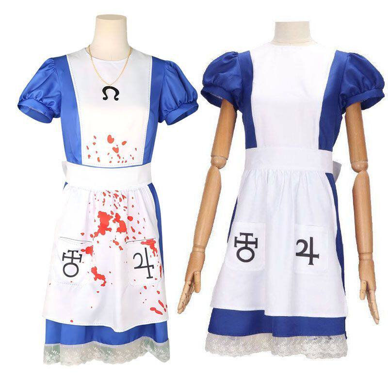 万圣节疯狂爱丽丝cos服恐怖服装cos游戏角色扮演女仆装蓝色连衣裙