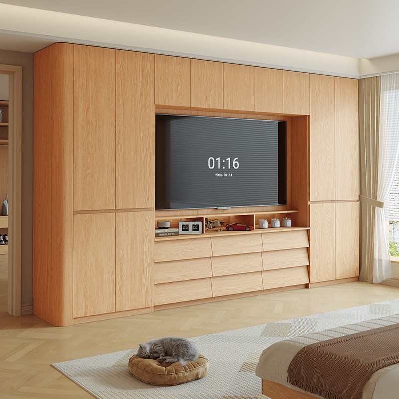 定制实木分段式圆弧衣柜60cm深橡D木色家用卧室四六门组合大衣橱