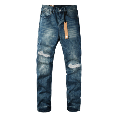 KUS jeans牛仔裤男宽松直筒裤欧美式高街破洞补丁潮牌休阔腿裤