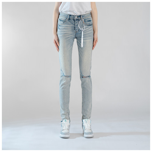 PUR jeans牛仔裤男修身显瘦欧美式高街高档镶钻破洞补丁紧身小脚