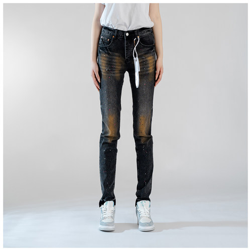 PUR jeans牛仔裤男修身显瘦欧美式高街泼修黄复古做旧基础款小脚