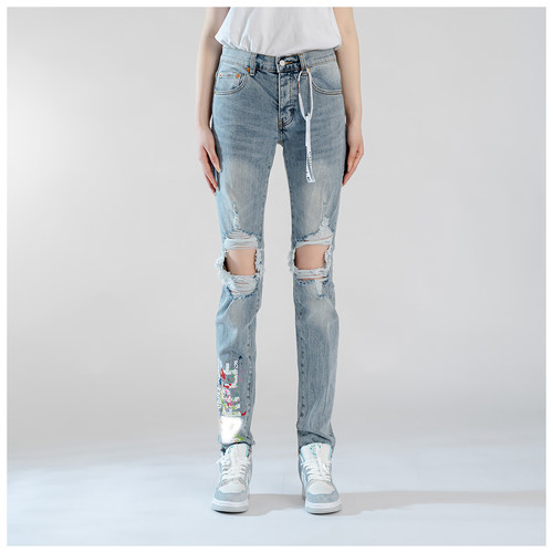 PUR jeans牛仔裤男修身显瘦欧美式高街泼墨破洞补丁做旧小脚裤