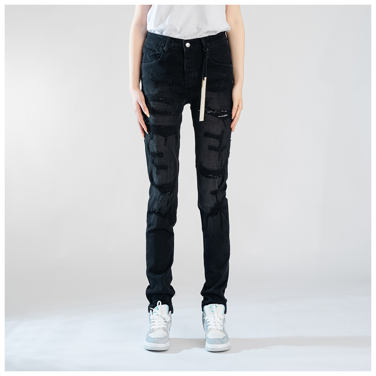 KUS jeans牛仔裤男修身显瘦欧美式高街印花破洞做旧修身小脚裤