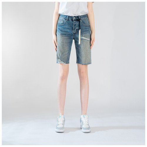 KUS jeans牛仔裤男宽松直筒短裤美式休闲水洗破洞高品质短牛仔裤