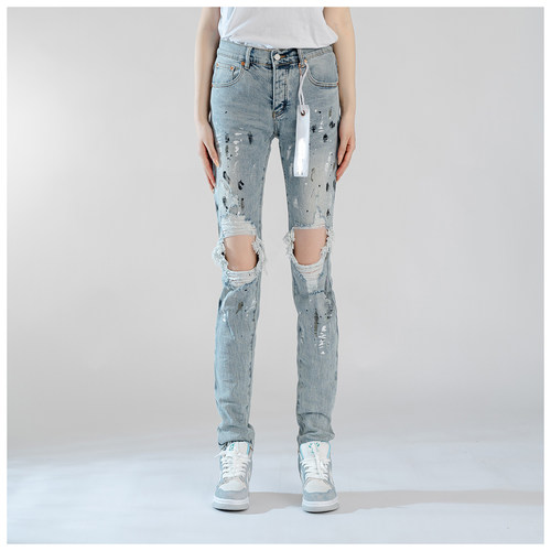 PUR jeans牛仔裤男修身显瘦欧美式高街泼墨破洞补丁做旧小脚裤