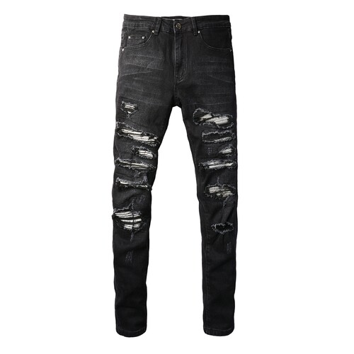 AMR Skinny Ripped Jeans 牛仔裤男美式高街破洞补丁修身小脚裤