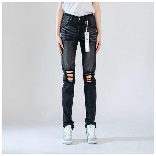 PUR jeans牛仔裤男修身显瘦欧美式高街破洞露肉乞丐修身小脚裤