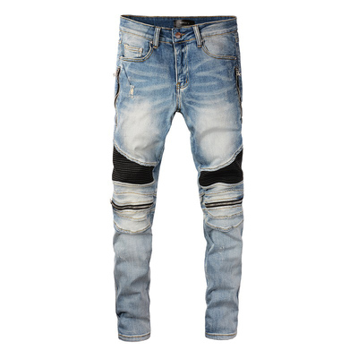 AMR Skinny Ripped Jeans 牛仔裤男美式高街拼接PU皮破洞小脚裤