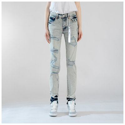 PUR jeans牛仔裤男修身显瘦欧美式高街乞丐破洞补丁做旧小脚裤