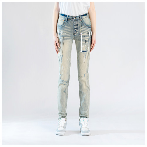 PUR jeans牛仔裤男修身显瘦欧美式高街破洞泼墨潮牌修身紧身小脚