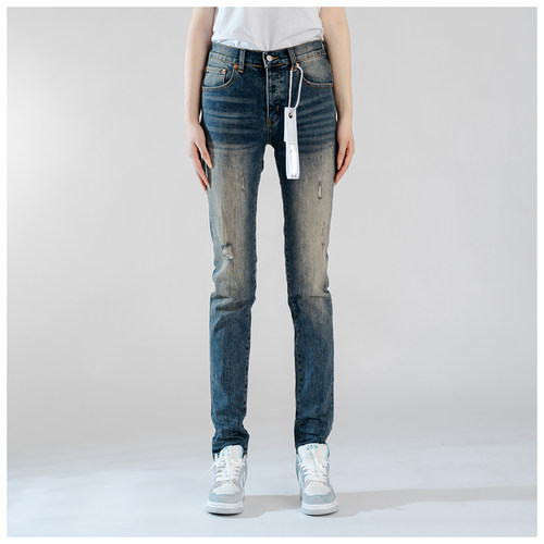 PUR jeans牛仔裤男修身显瘦欧美式高街乞丐破洞补丁做旧小脚裤