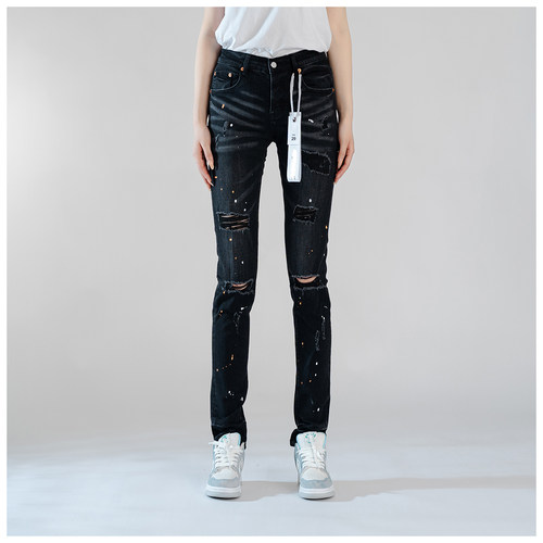 PUR jeans牛仔裤男裤修身显瘦欧美式高街泼墨破洞露肉牛小脚裤