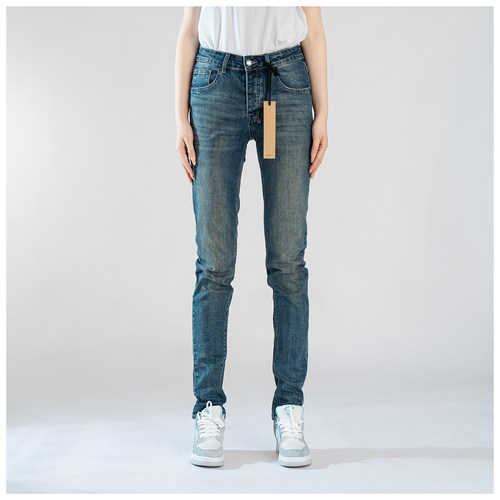 KUS jeans牛仔裤男修身显瘦欧美式高街基础复古蓝做旧修身小脚裤