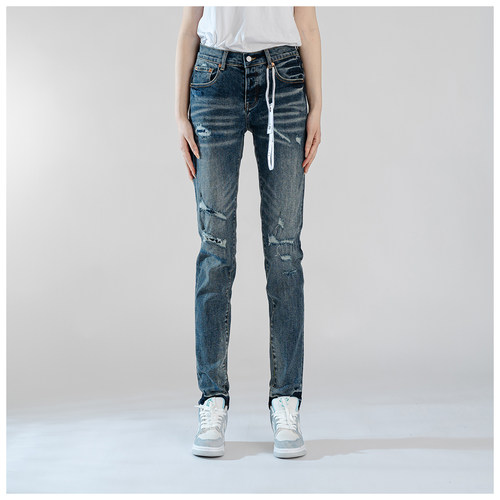 PUR jeans牛仔裤男修身显瘦欧美式高街乞丐破洞补丁做旧小脚裤