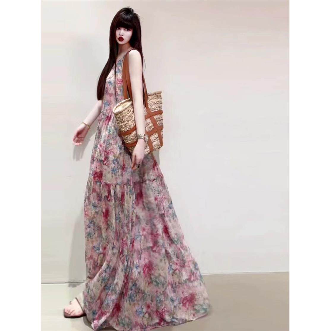 长款及踝碎花吊带裙2025