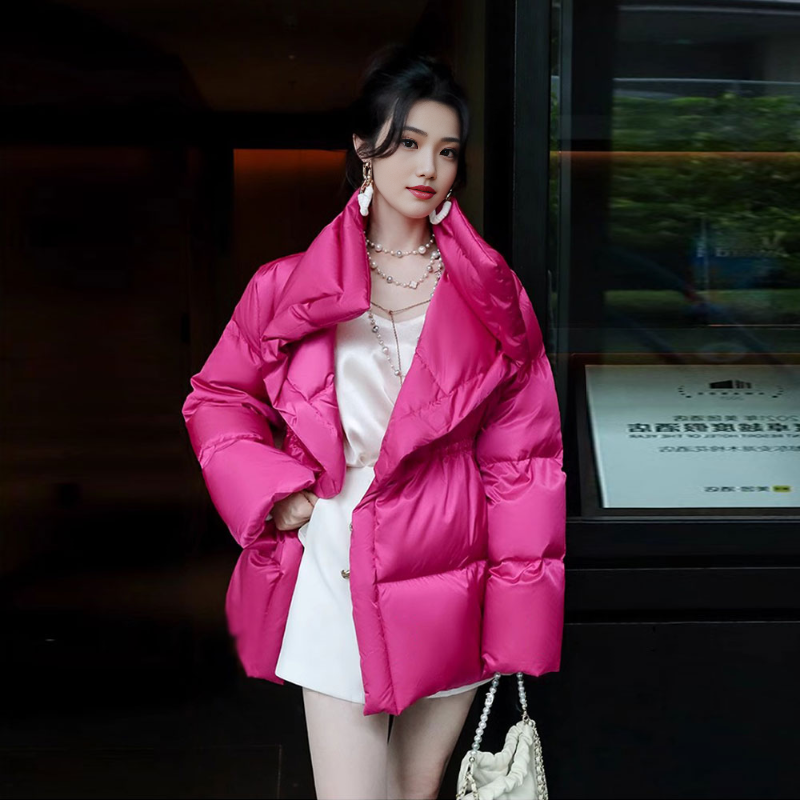 现货~时尚气质轻奢光泽感棉服冬季新加厚大翻领玫红色显白外套