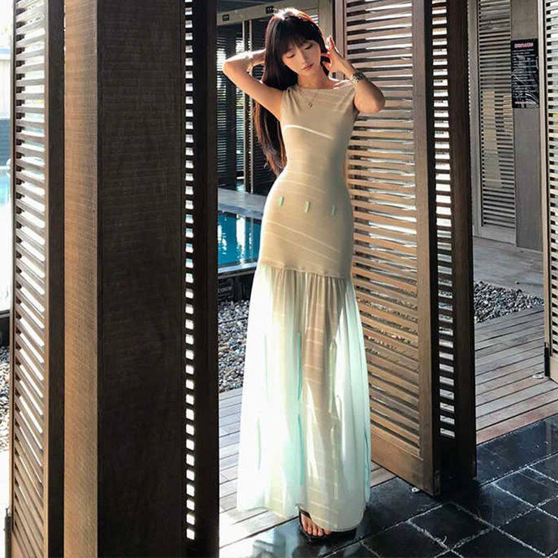 女夏季网纱包臀长裙斜肩