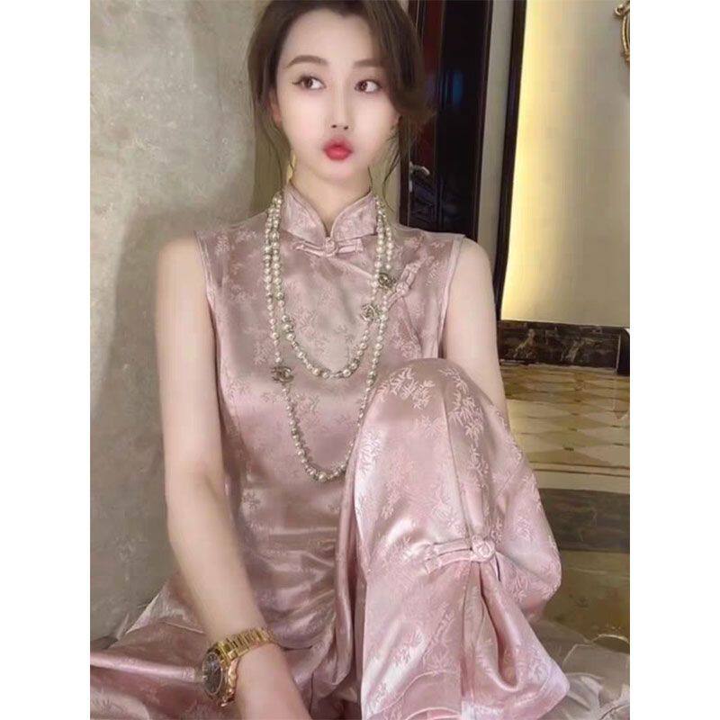 粉色盘扣马甲裤子女两件
