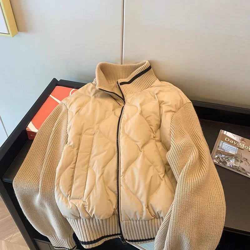 卡其色立领拼接针织菱格