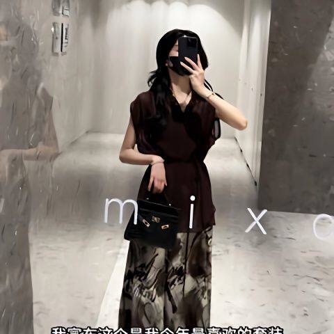 新中式国风套装女夏季新款复古短袖衬衫水墨收腰显瘦半身裙两件套