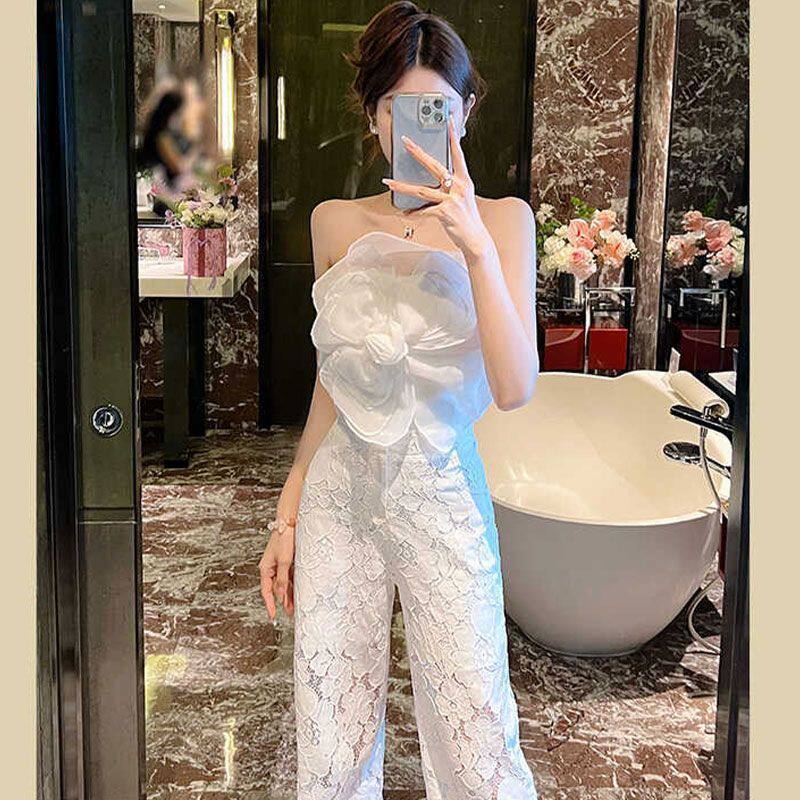 御姐时尚套装女立体花朵抹胸上衣+苗丝阔腿长裤高级感两件套女夏