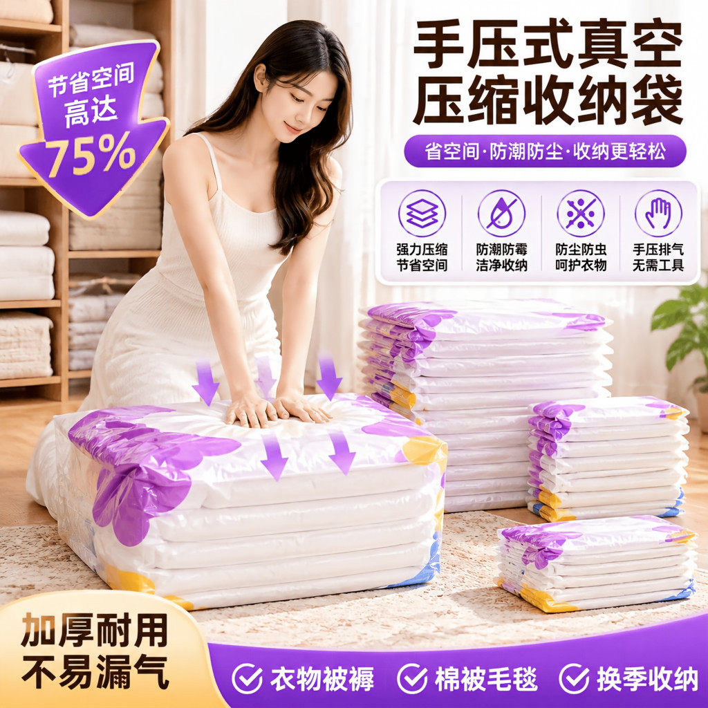 立体真空免抽气压缩袋宿舍打包袋家用羽绒服棉被防潮防尘收纳袋