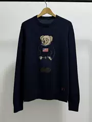 New Rl American Flag Sweater for Men, Autumn and Winter Style, Cotton and Linen Blend, Classic Royal Blue Old Money Style Knitwear