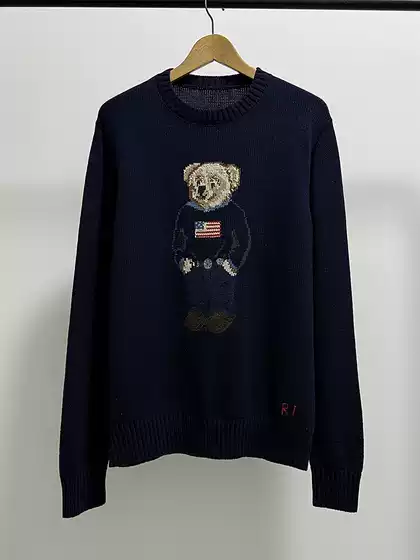 New Rl American Flag Sweater for Men, Autumn and Winter Style, Cotton and Linen Blend, Classic Royal Blue Old Money Style Knitwear