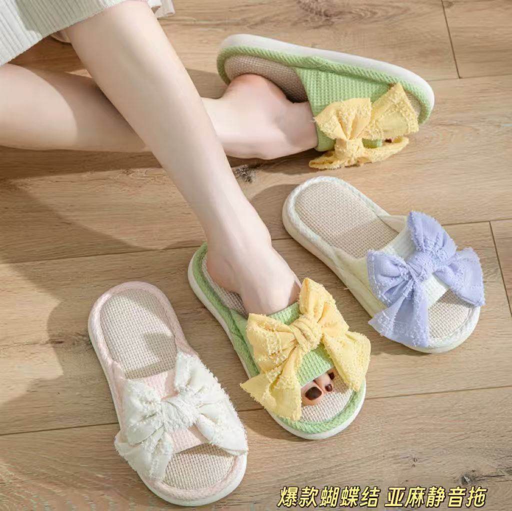 亚麻拖鞋女四季居家静音蝴蝶结棉麻拖鞋可爱防滑耐磨秋冬一字拖