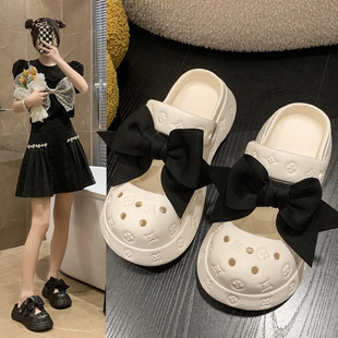 厚底百搭防滑沙滩包头凉拖鞋 可爱蝴蝶结洞洞鞋 女夏外穿新款