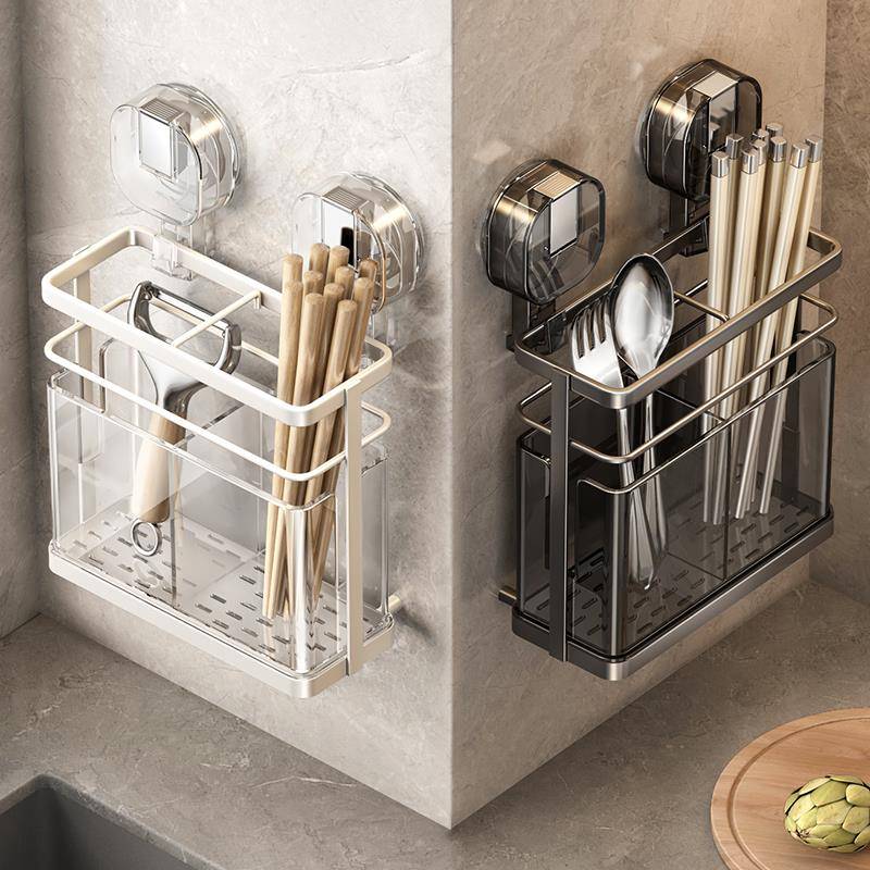 吸盘筷子筒壁挂式沥水厨房置物架家用免打孔筷笼放勺子筷子收纳盒