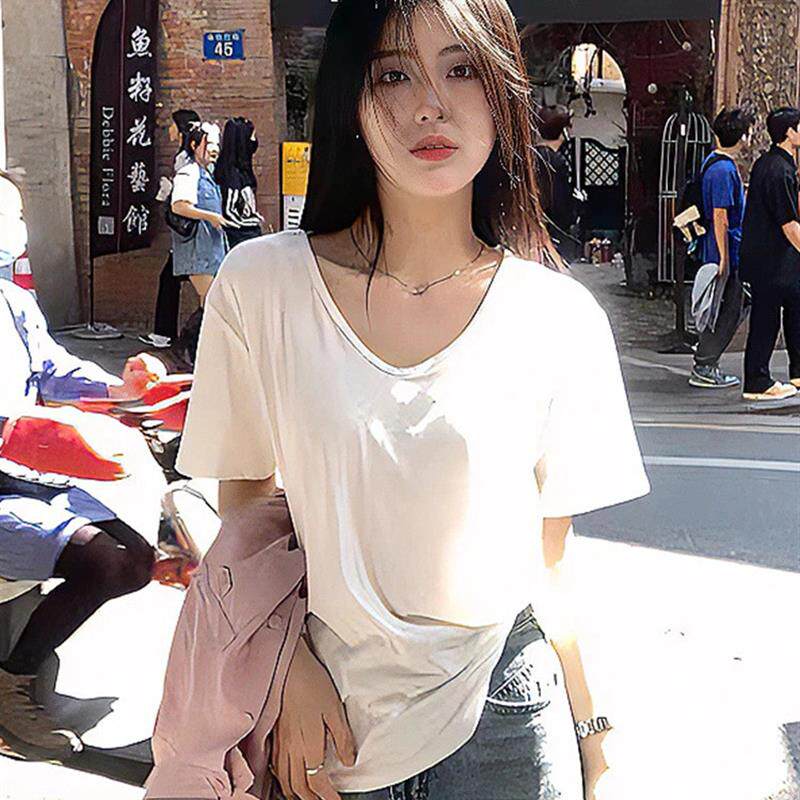 棉绸上衣女款面料夏季宽松大码短袖百搭显瘦打底衫遮肚减龄人造棉