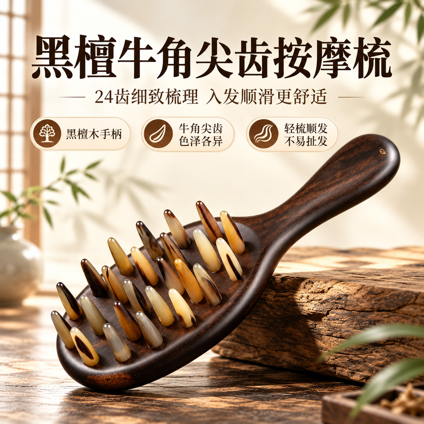 黑檀牛角尖齿按摩梳头皮按压