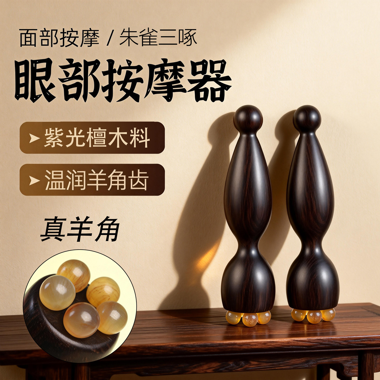 紫光檀木眼部按摩器面部按摩莲蓬真羊角珠温润眼周按摩器朱雀三啄