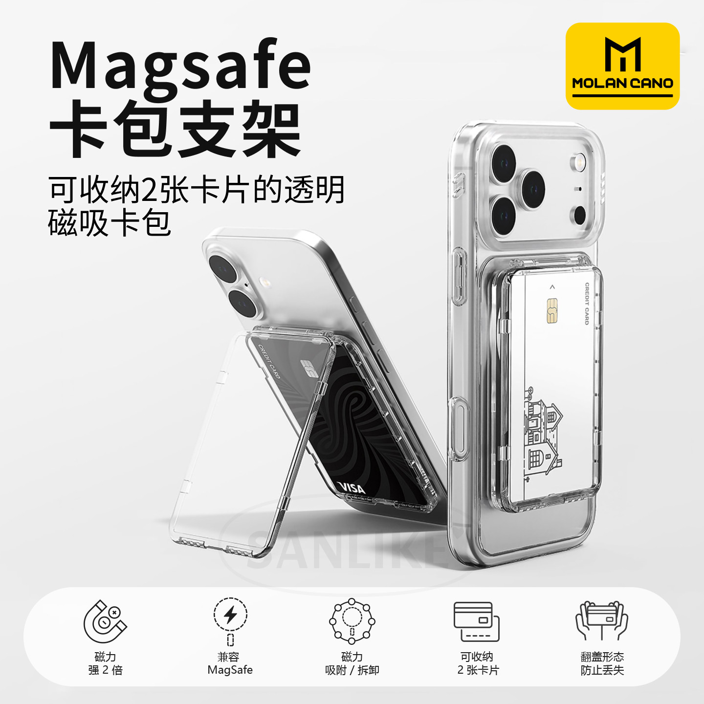 韩国MOLANCANO透明磁吸卡包支架吸附式背贴卡套身份证银行卡照片