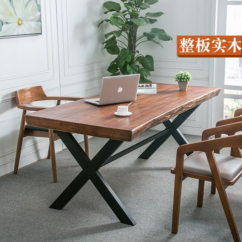 美式简约铁艺会客原木办公桌实木大板会议办公电脑书桌会客泡茶桌